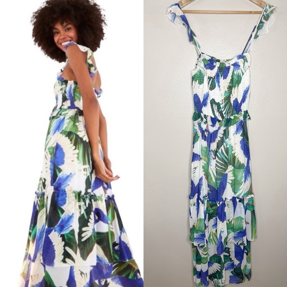 FARM Rio Dresses & Skirts - Farm Rio | Blue Wind Maxi Dress, Tropical, Macaw, Tiered, Flowy, size large
